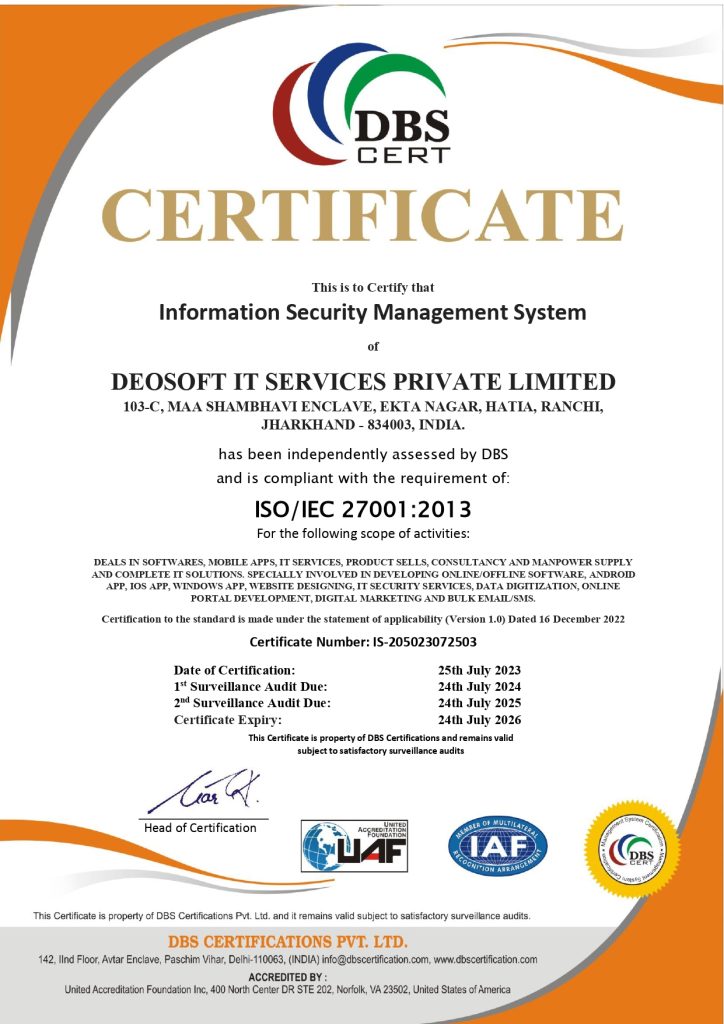 Deosoft IT Services Accreditation ISO/IEC 27001:2013 Certificate