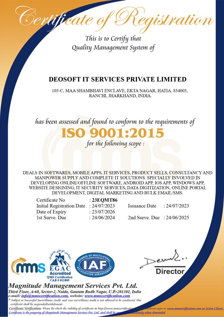 Deosoft IT Services Accreditation ISO 9001:2015 Certificate